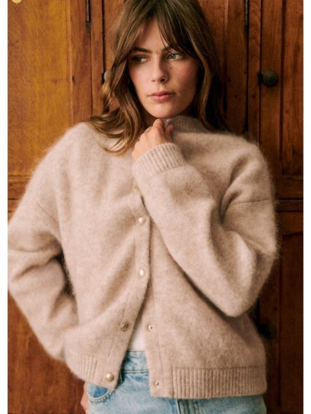 NWT Sezane Eddy Jacket in Beige Wool Kid Mohair Bomber Cardigan Sweater S